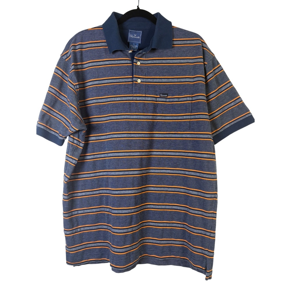 Faconnable Mens Large Blue Striped Short Sleeve Cotton Polo Shirt Orange Grey